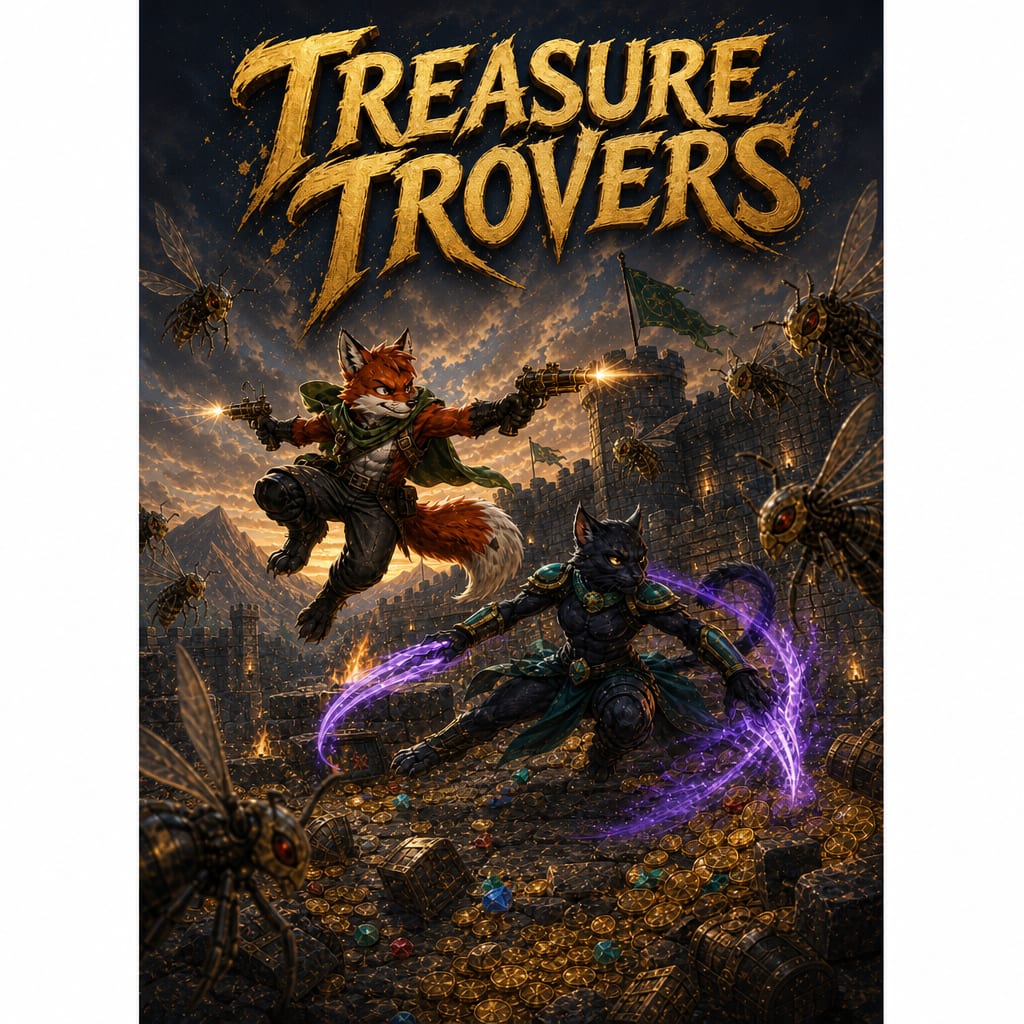 Image: Tall portrait poster. TREASURE TROVERS gold title