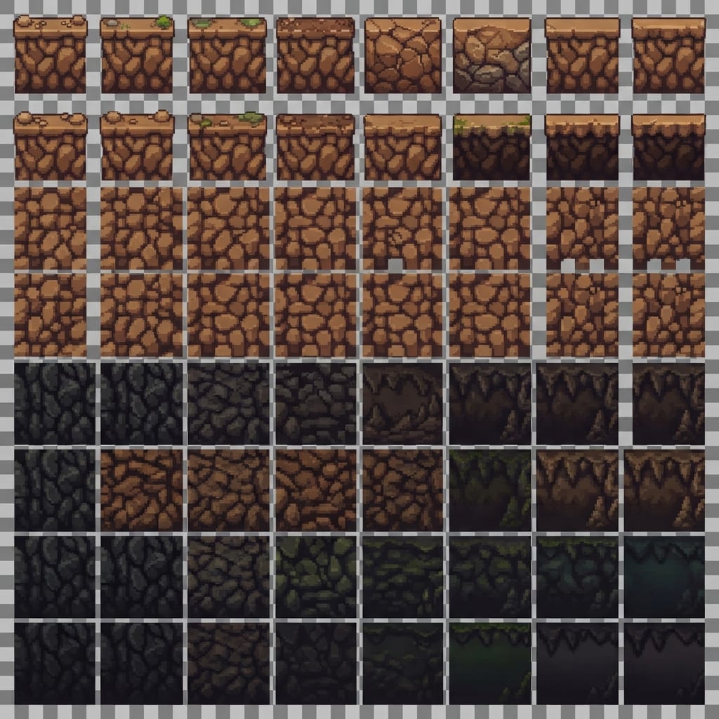 Image: Game tileset sprite sheet for a 2D side-view pixel