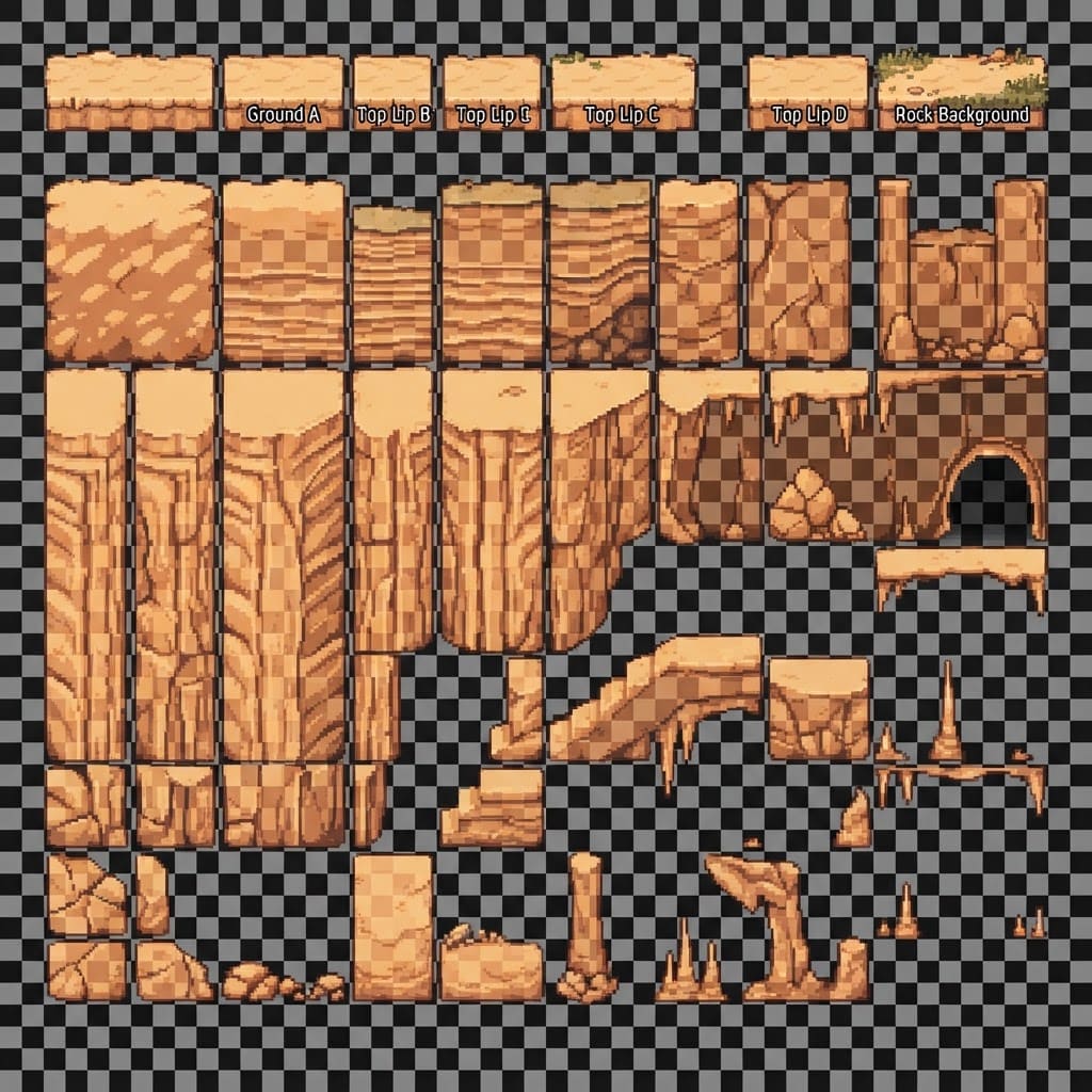 Image: Game tileset sprite sheet, 32x32 pixel art side-vi