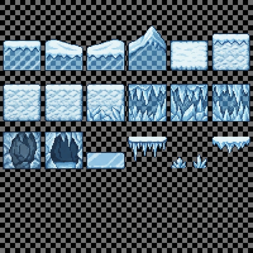 Image: Game tileset sprite sheet, 32x32 pixel art side-vi