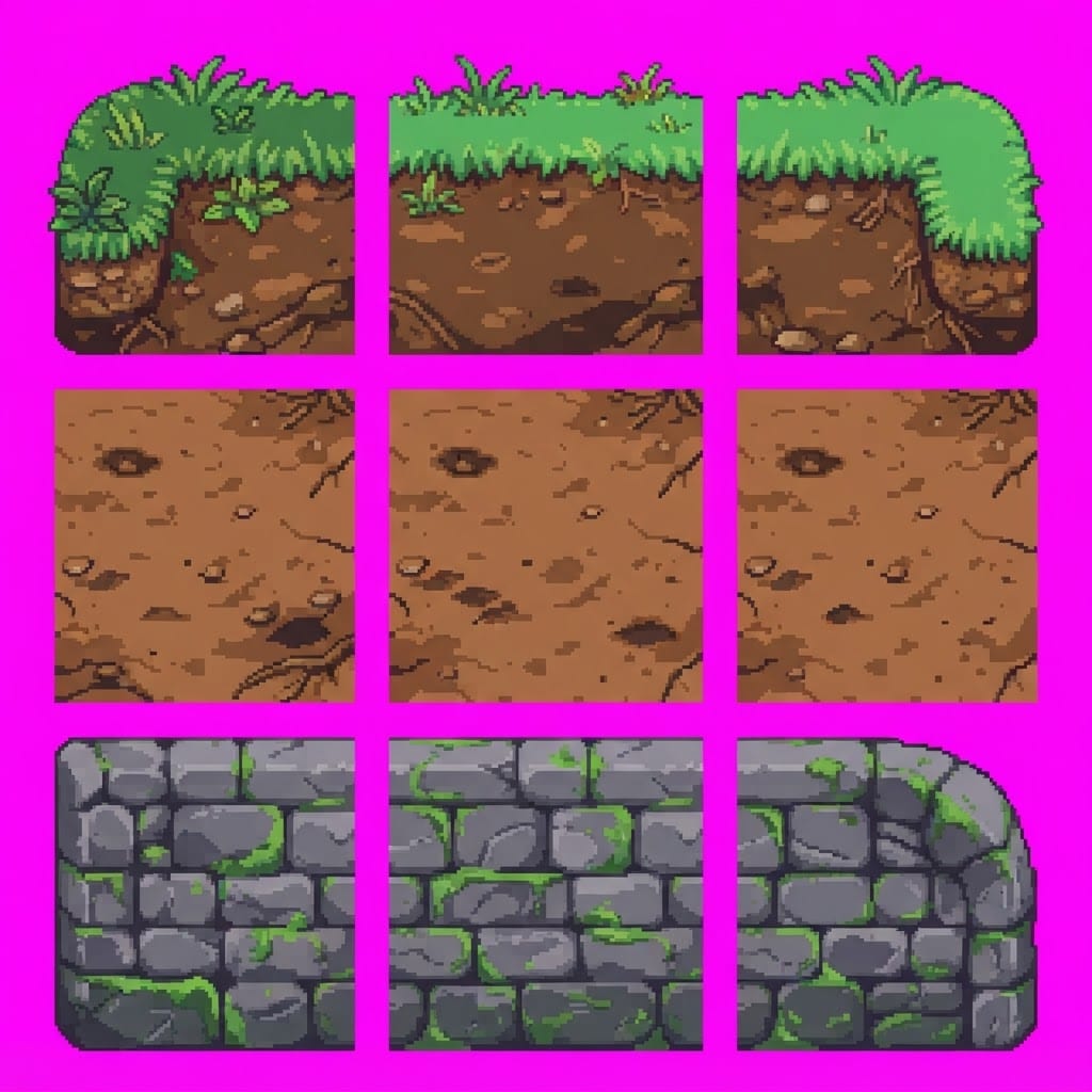 Image: Hand-crafted 16-bit pixel art tileset. Exact 3x3 s