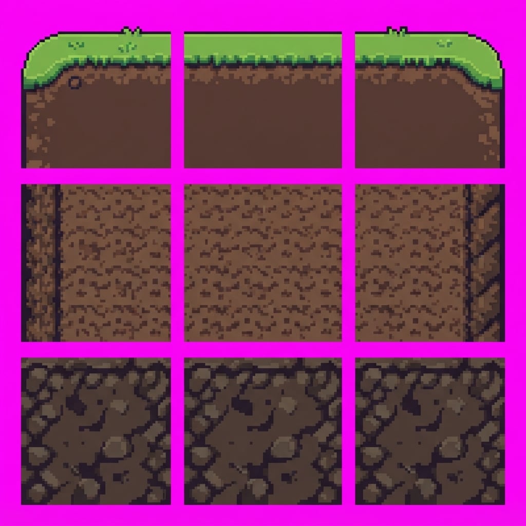 Image: 2D side-view PLATFORMER tileset atlas. Modular PLA