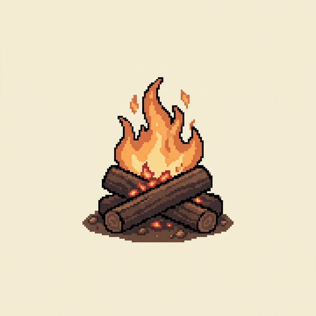 Image: 16-bit SNES-era pixel art sprite of a small campfi