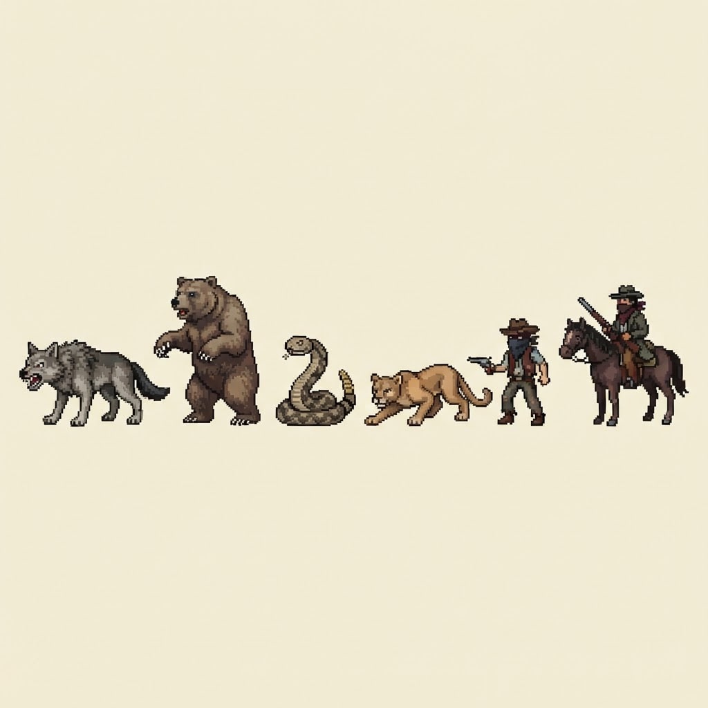 Image: 16-bit SNES-era pixel art sprite sheet of six Oreg