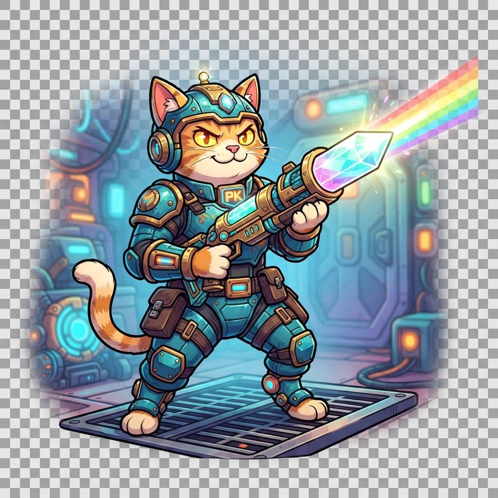 Image: Prism Kitty hero cat with crystal beam lens rifle,