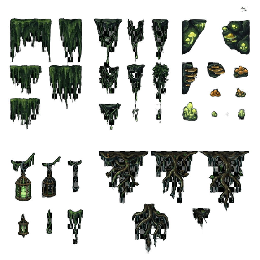 Image: 2D side-view pixel art game prop sheet for a toxic