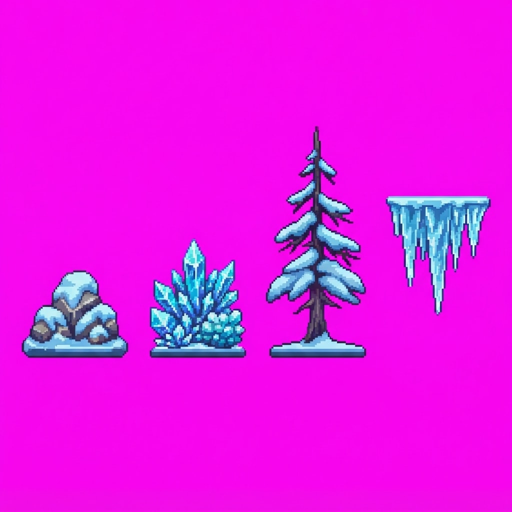 Image: Side-view pixel art GAME PROP SHEET for a 2D platf