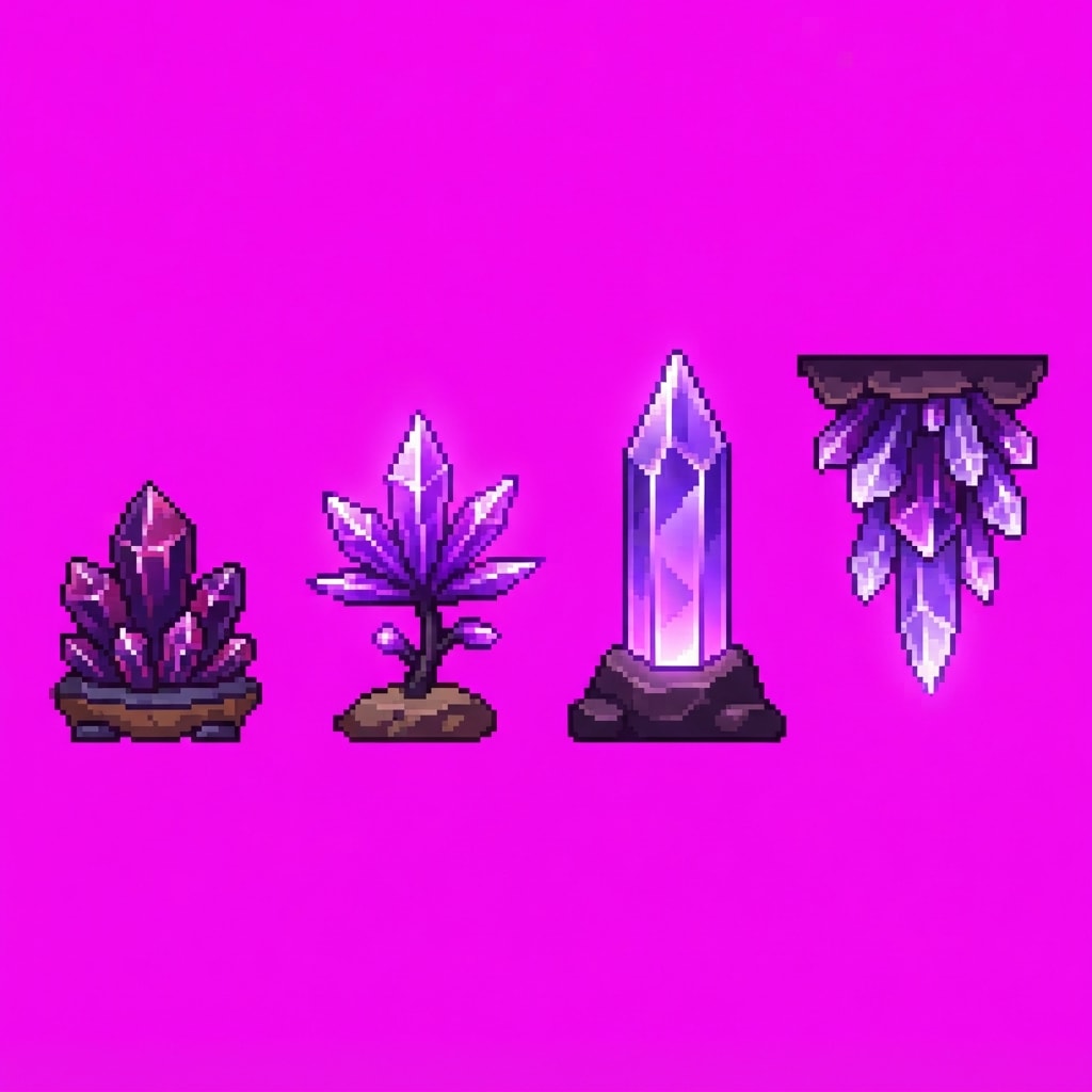 Image: Side-view pixel art GAME PROP SHEET for crystal ca