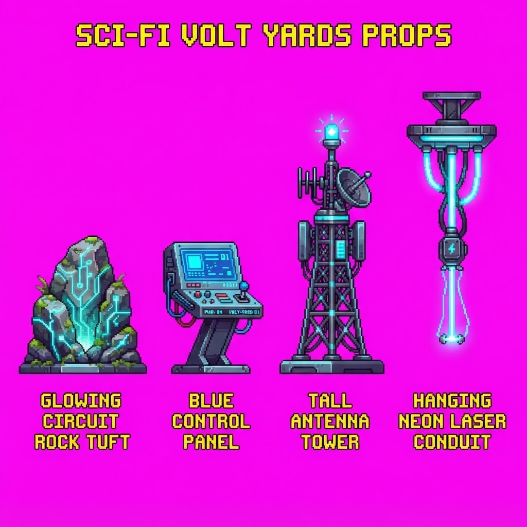 Image: Side-view pixel art GAME PROP SHEET sci-fi volt ya