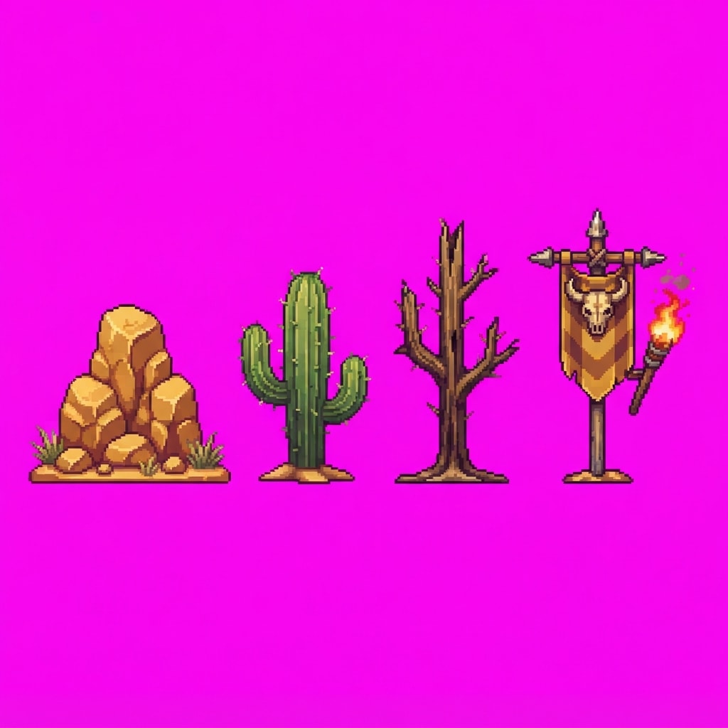 Image: Side-view pixel art GAME PROP SHEET bone dunes des