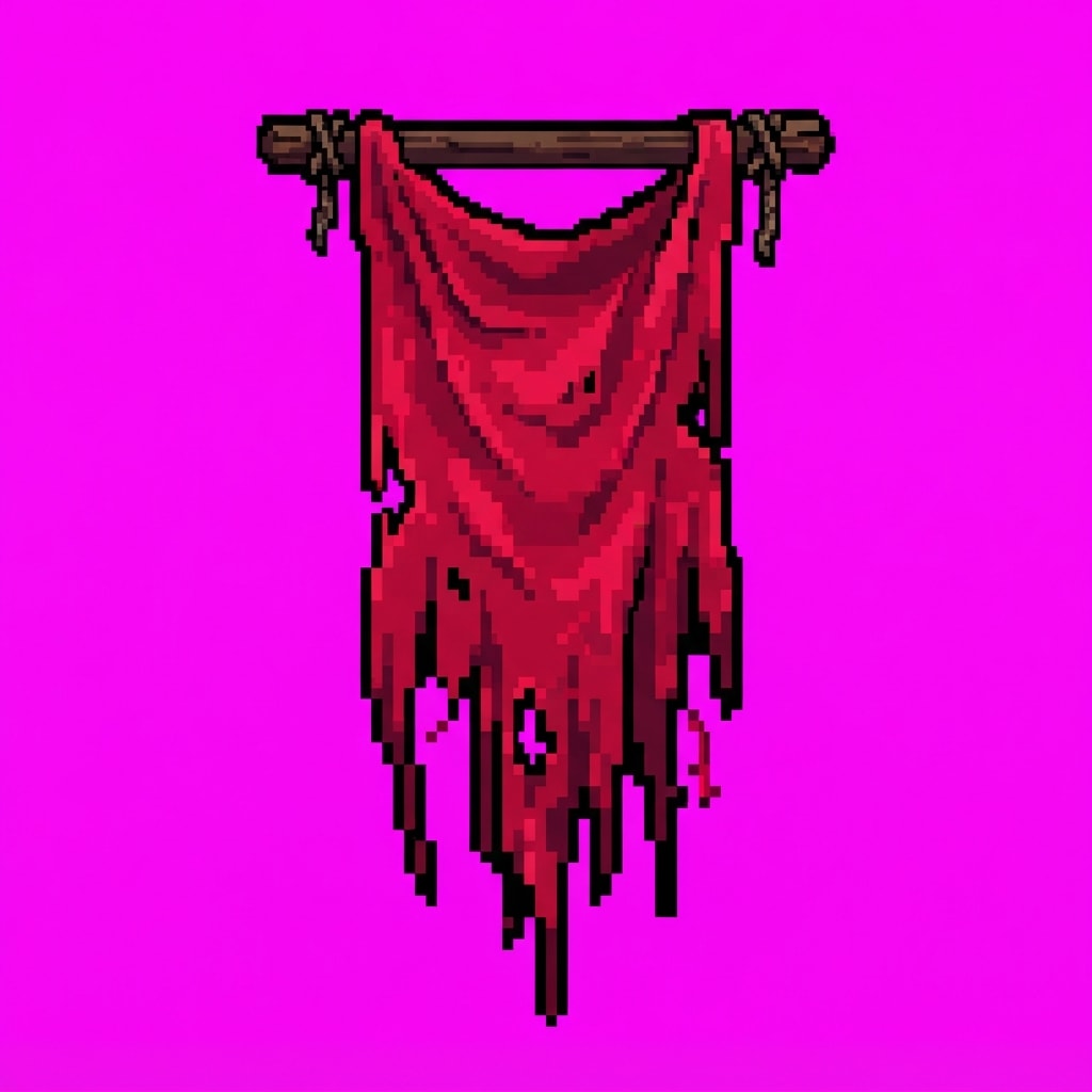 Image: Single game prop sprite. HANGING TORN RED BANNER f