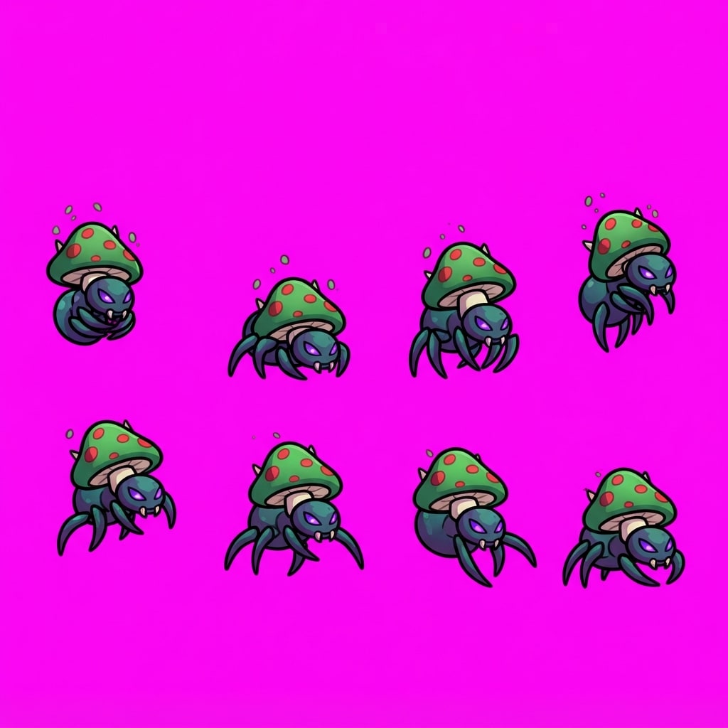 Image: Game-ready 2D enemy sprite sheet for a cute but me