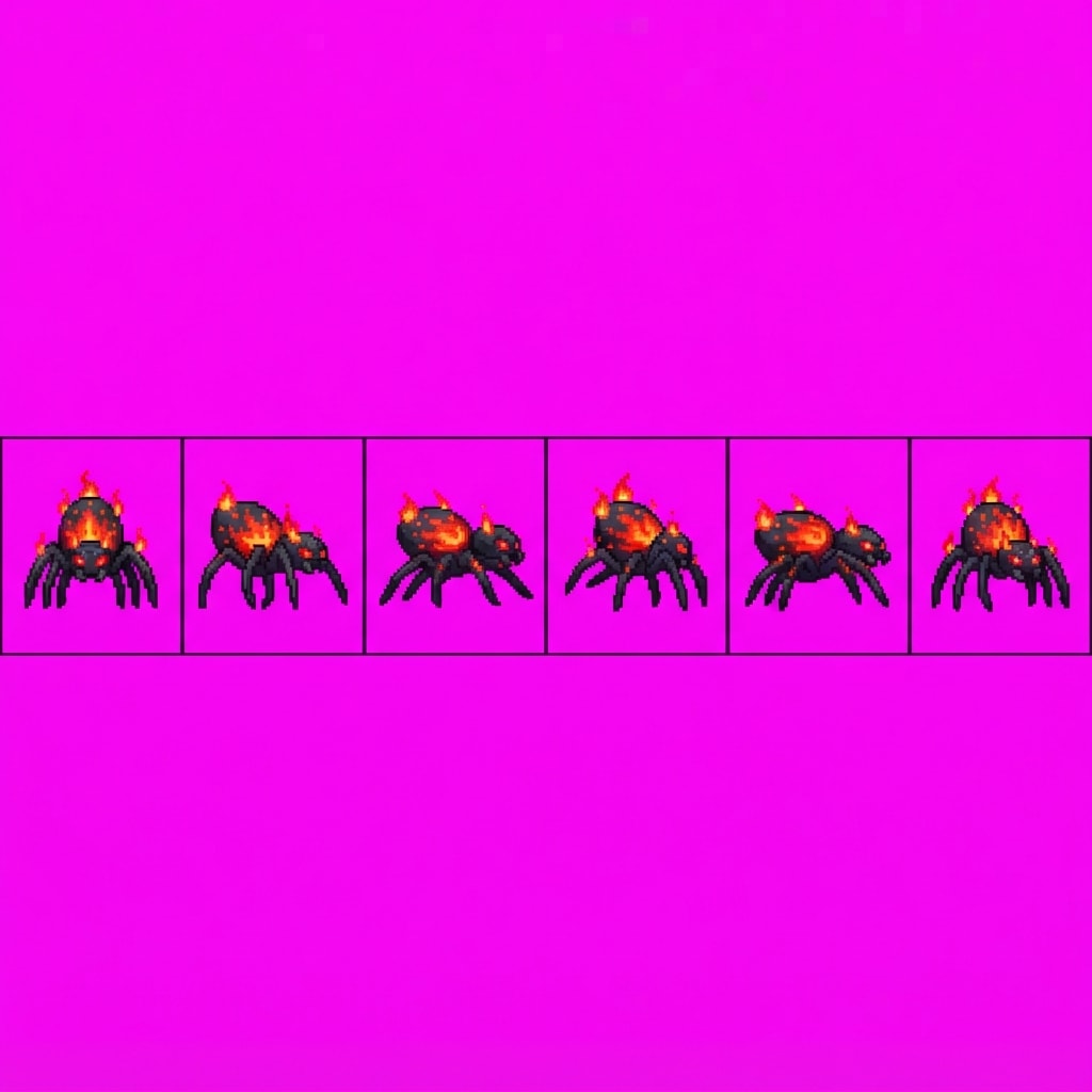 Image: Game sprite sheet: side-view pixel-art ember fire