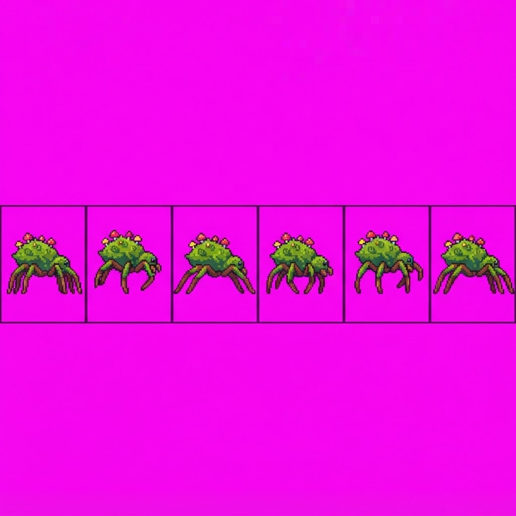 Image: Game sprite sheet: side-view pixel-art moss back s