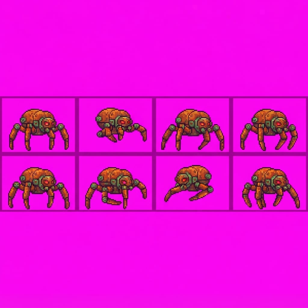 Image: Game sprite sheet: side-view pixel-art rust bolt m