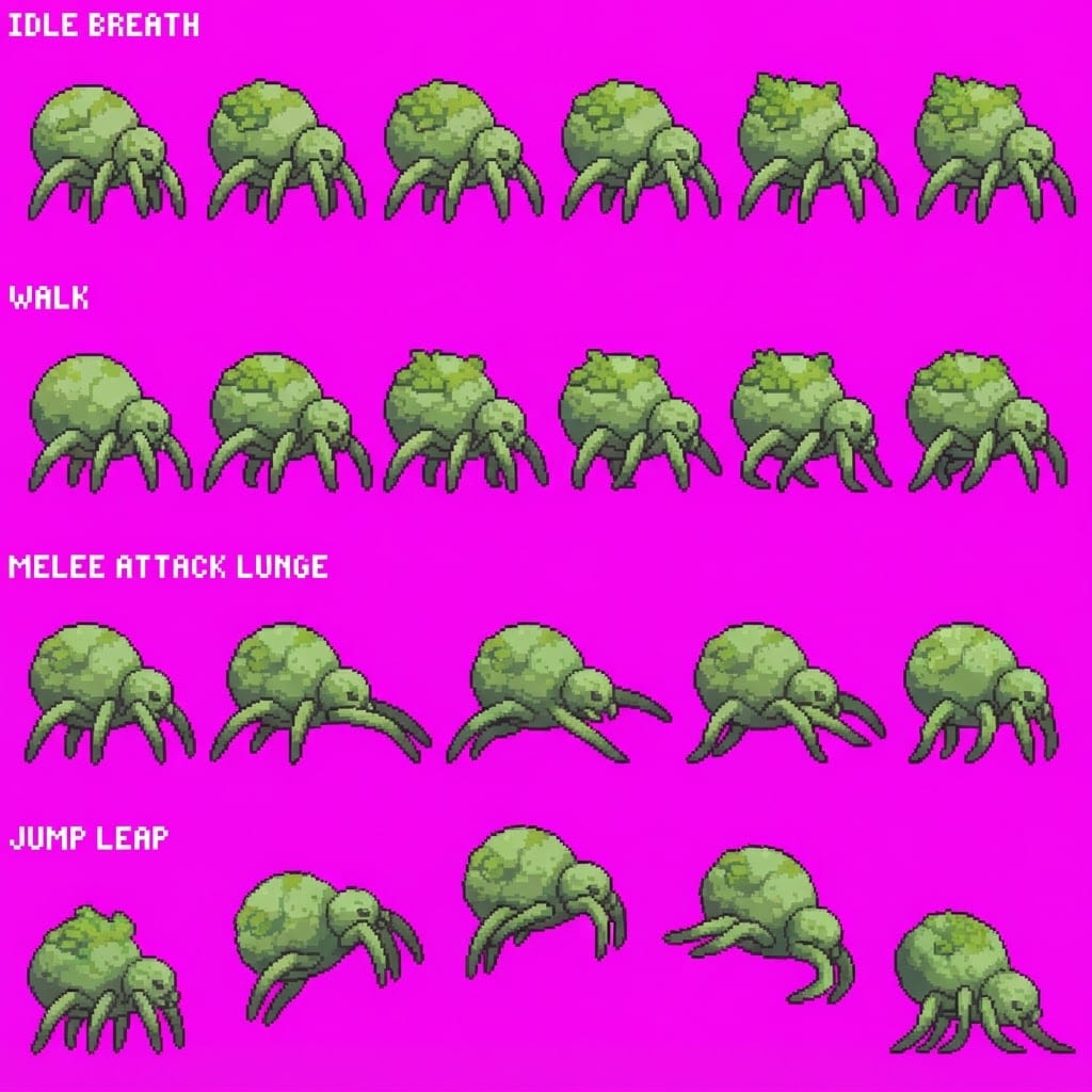 Image: 2D side-view game sprite sheet, 4 rows by 6 column