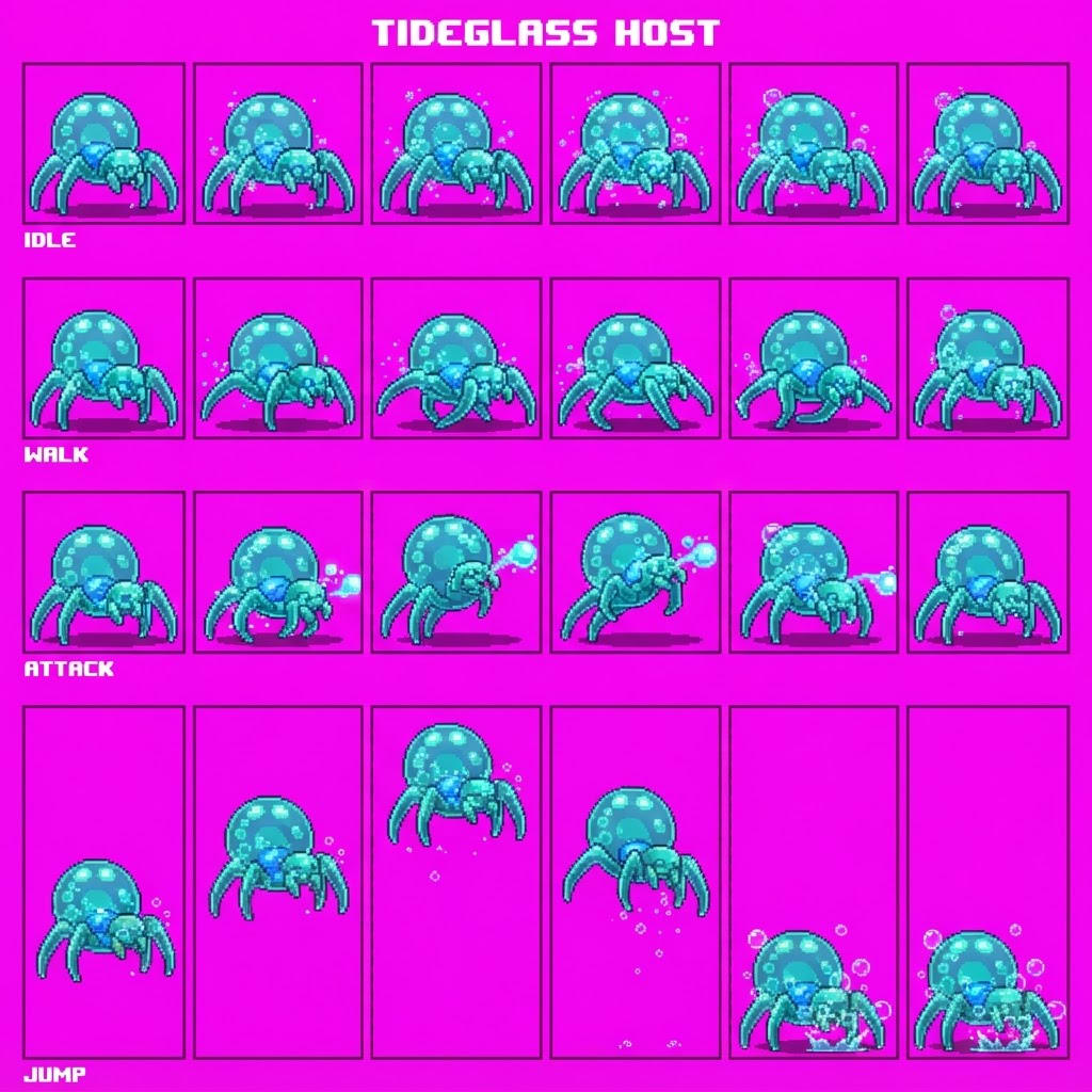 Image: 2D side-view game sprite sheet 4x6, Treasure Trove