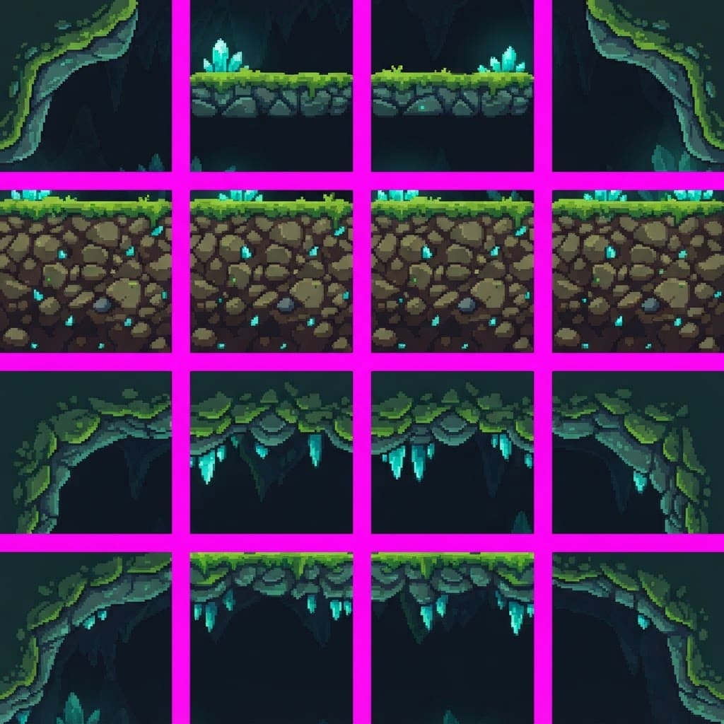 Image: 2D side-view PLATFORMER tileset sprite sheet for a