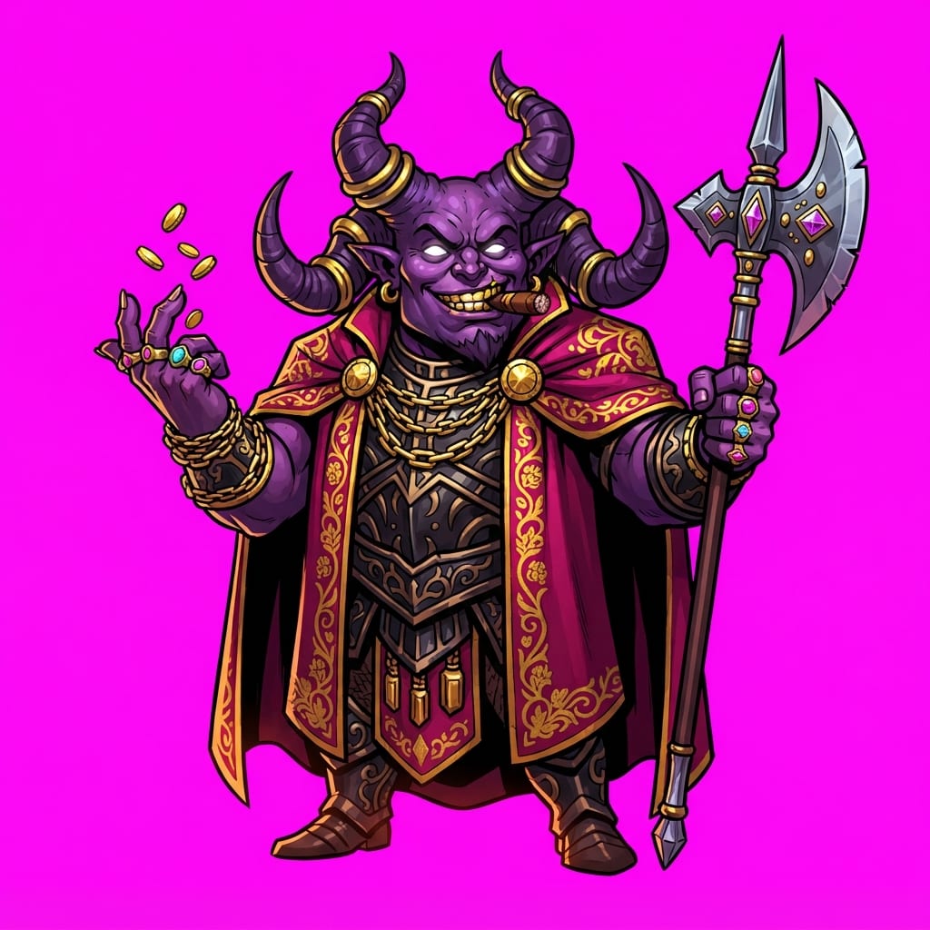 Image: A towering arrogant demon warlord named Kepsoo, bo