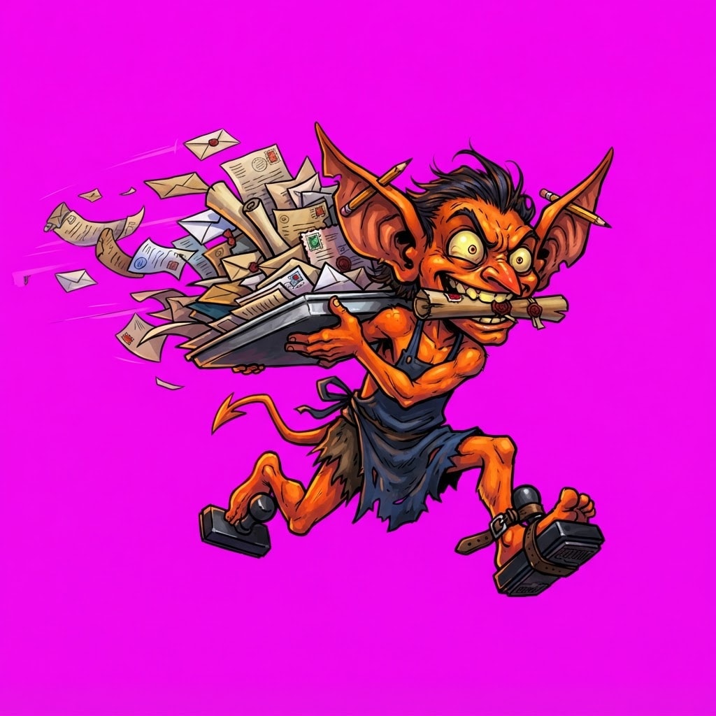 Image: A tiny frantic imp working the Hell Administration