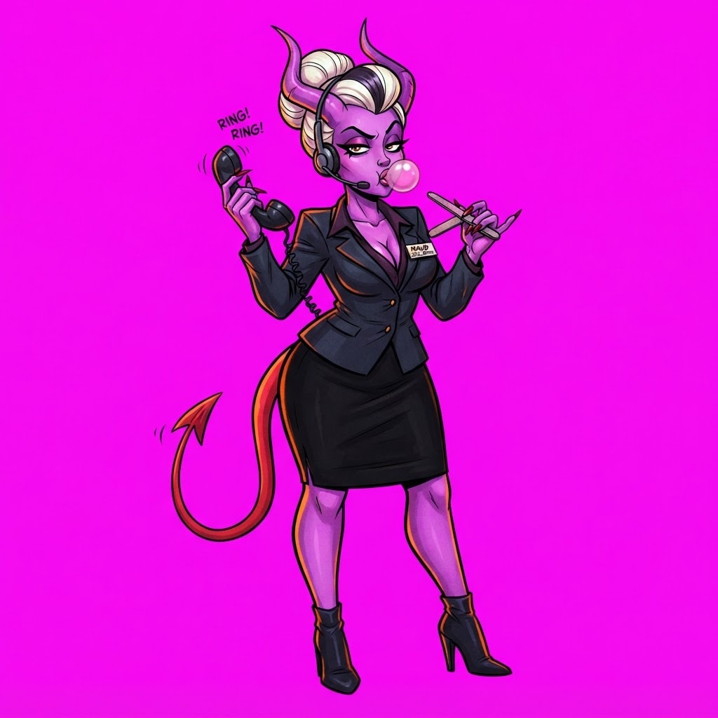 Image: A bored glamorous demon receptionist of the Hell A