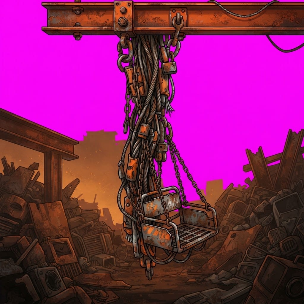 Image: 2D game hanging prop orange Scrap Yards. Palette: