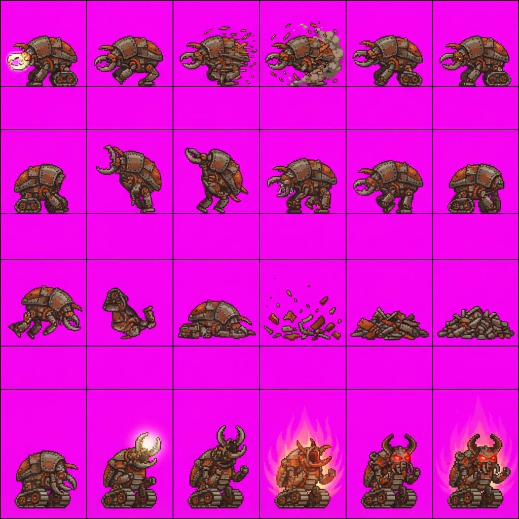 Image: Game sprite animation atlas panel, 4 rows by 6 col