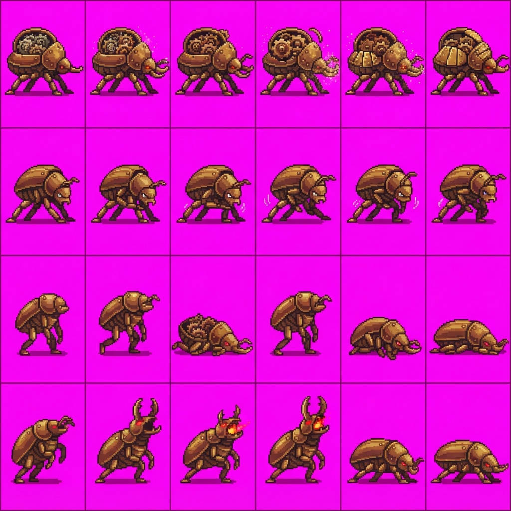 Image: Game sprite animation atlas panel, 4 rows by 6 col