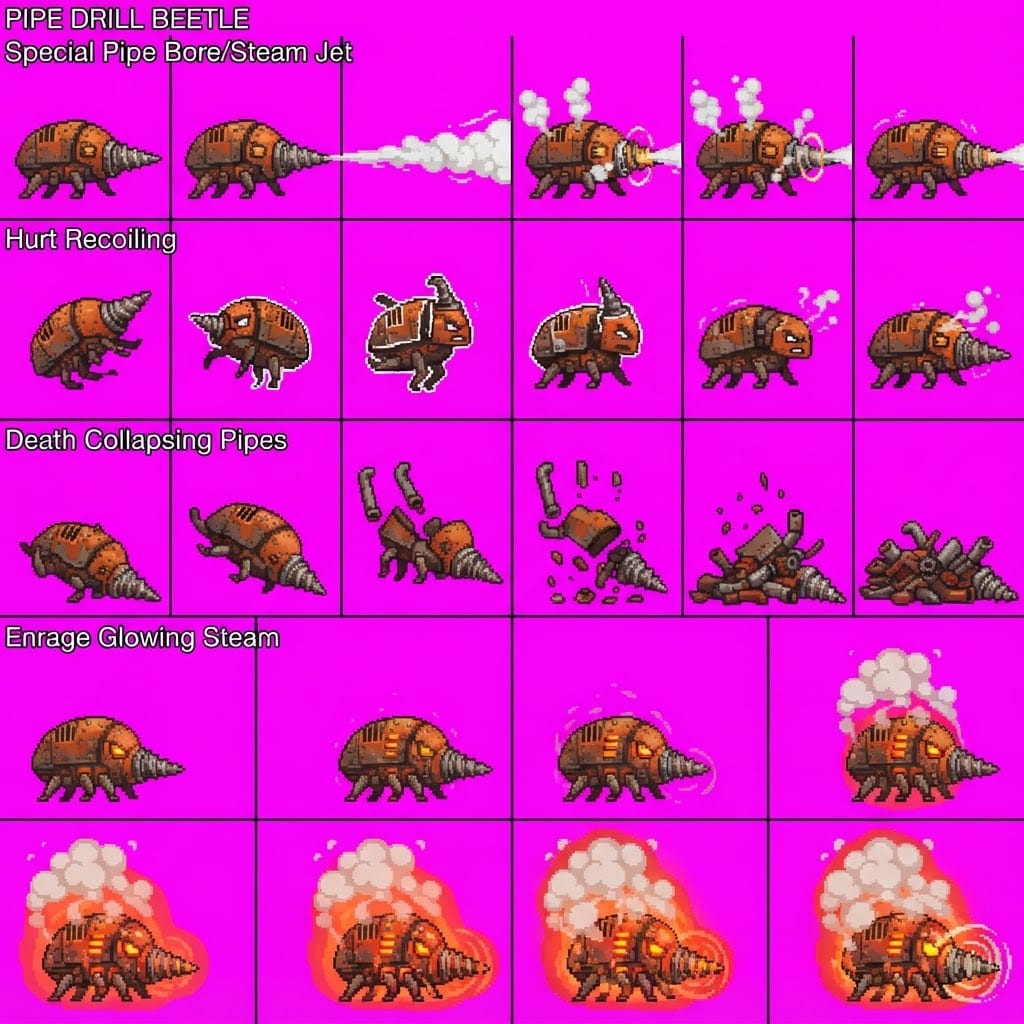 Image: Game sprite animation atlas panel, 4 rows by 6 col