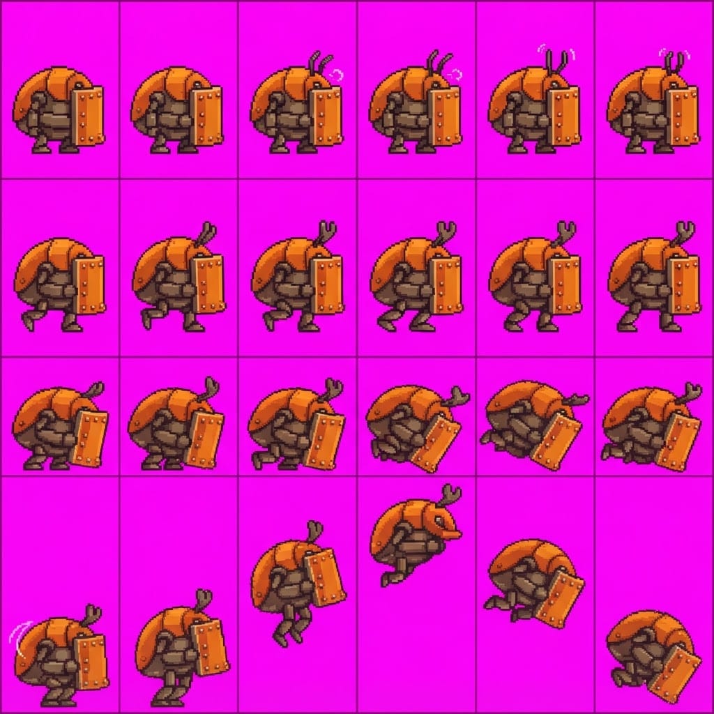 Image: Game sprite animation atlas panel, 4 rows by 6 col