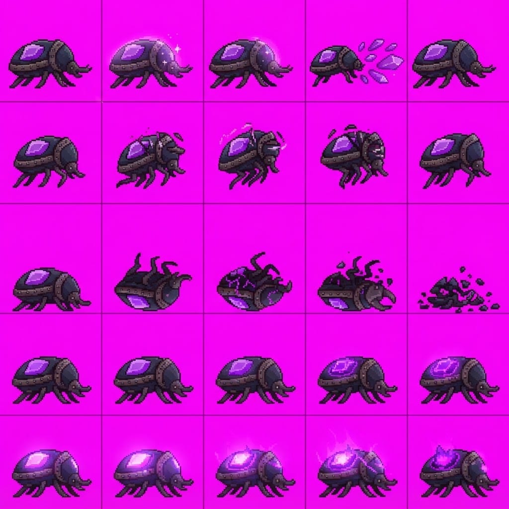 Image: Game sprite animation atlas panel, 4 rows by 6 col