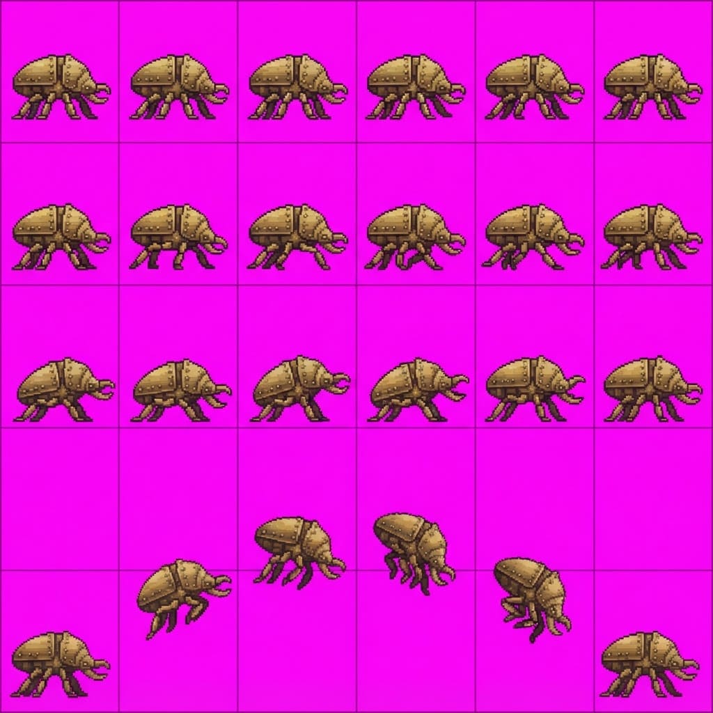 Image: Game sprite animation atlas panel, 4 rows by 6 col