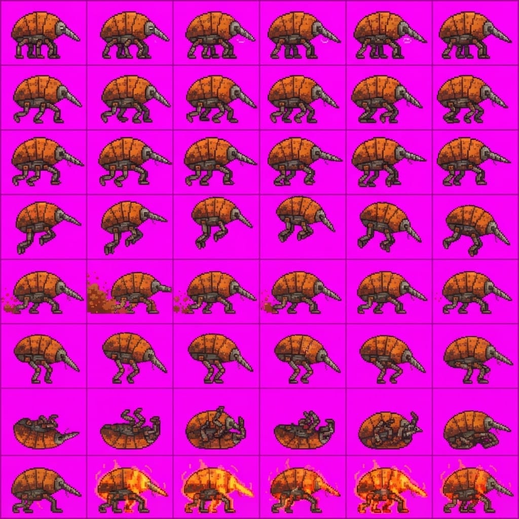 Image: Game sprite animation atlas, EXACTLY 8 rows by 6 c