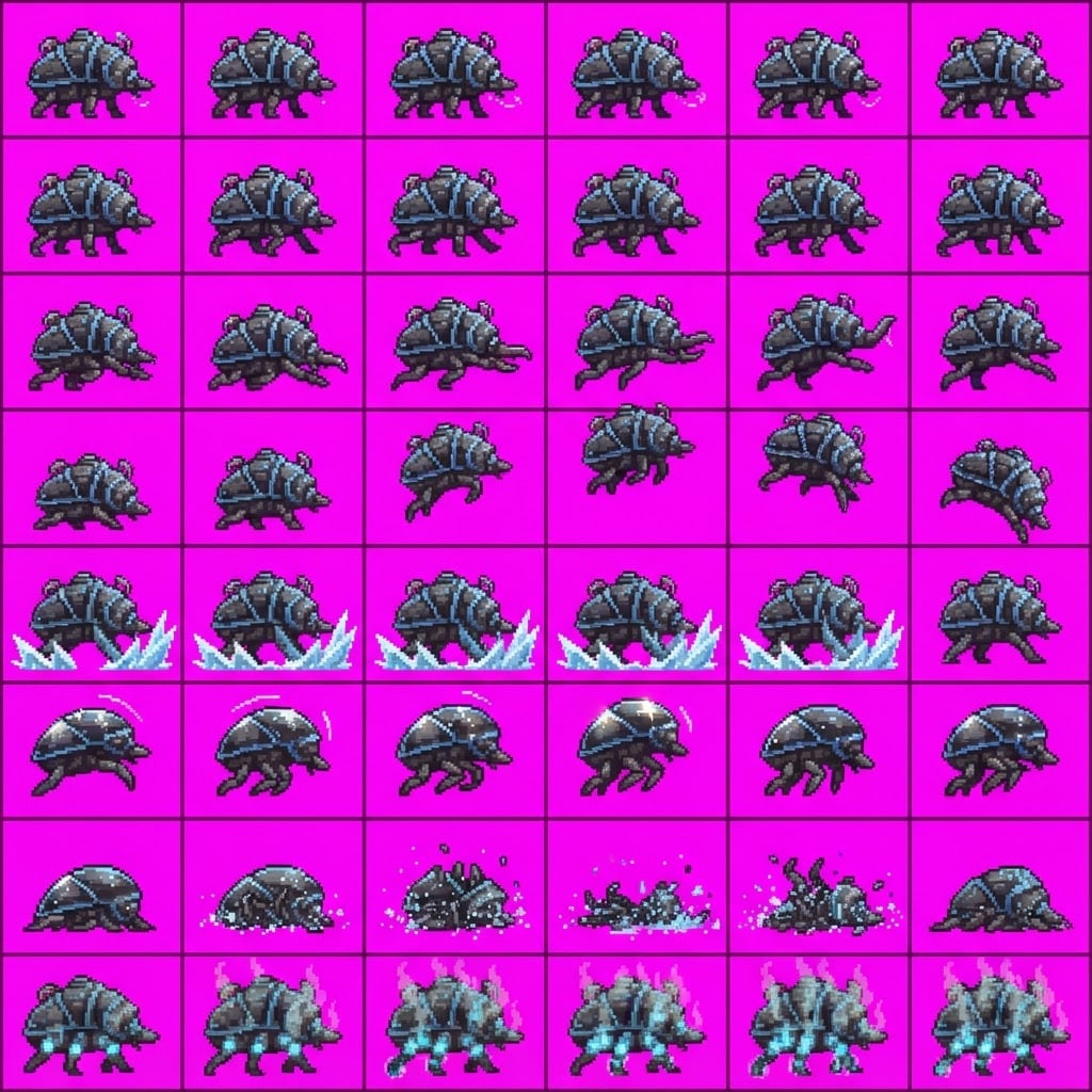 Image: Game sprite animation atlas, EXACTLY 8 rows by 6 c