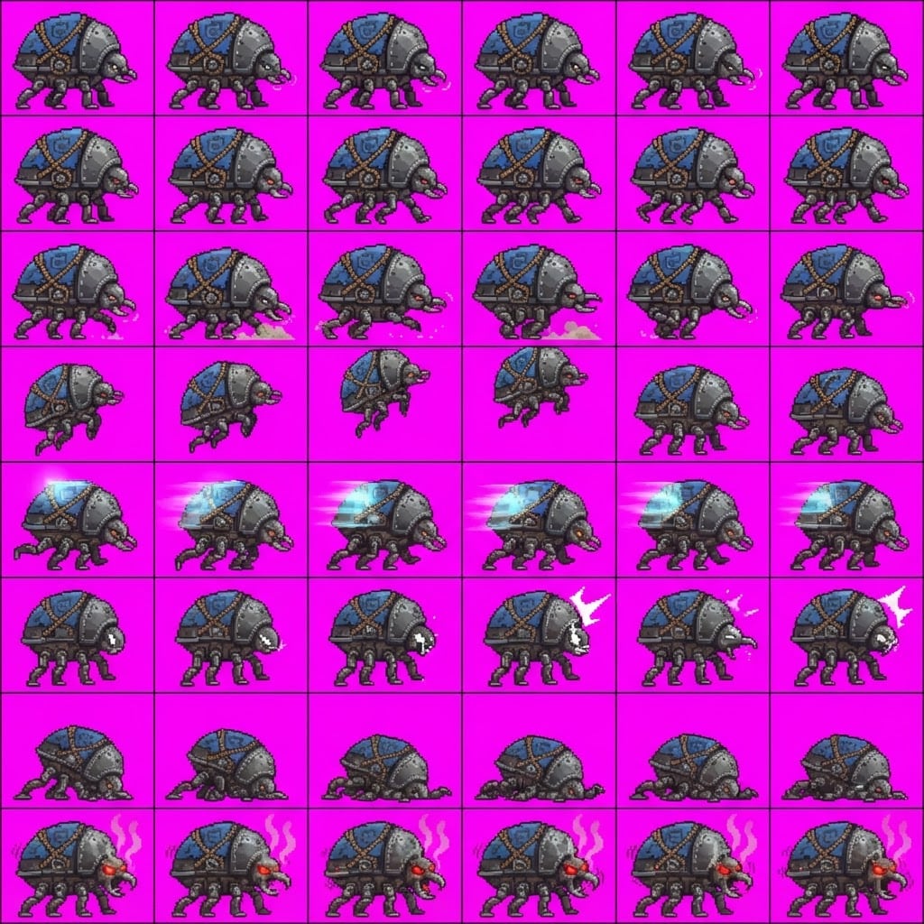 Image: Game sprite animation atlas, EXACTLY 8 rows by 6 c