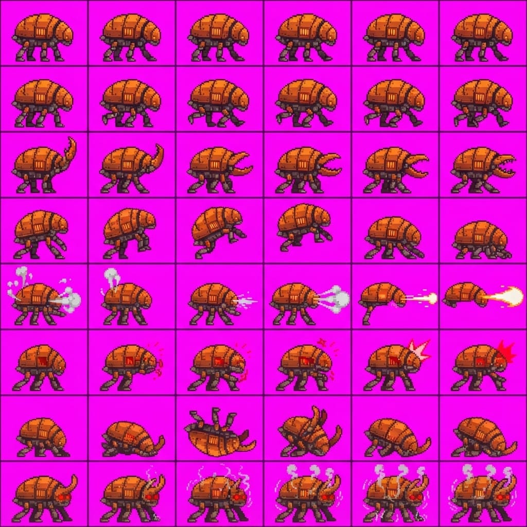 Image: STRICT game sprite animation atlas: EXACTLY 8 rows