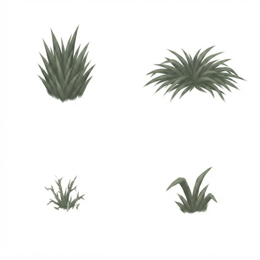 Image: Four separate grass tuft sprites arranged in a loo