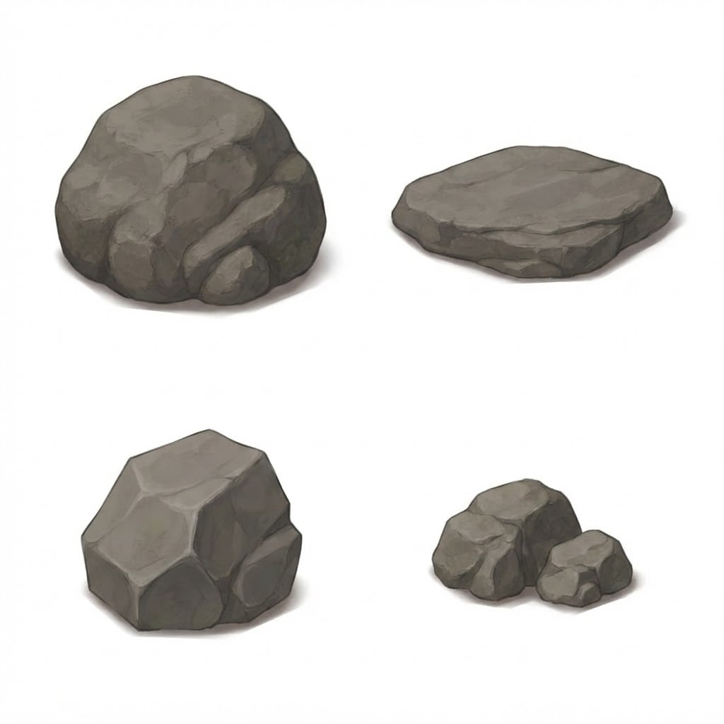 Image: Four separate boulder sprites arranged in a loose 