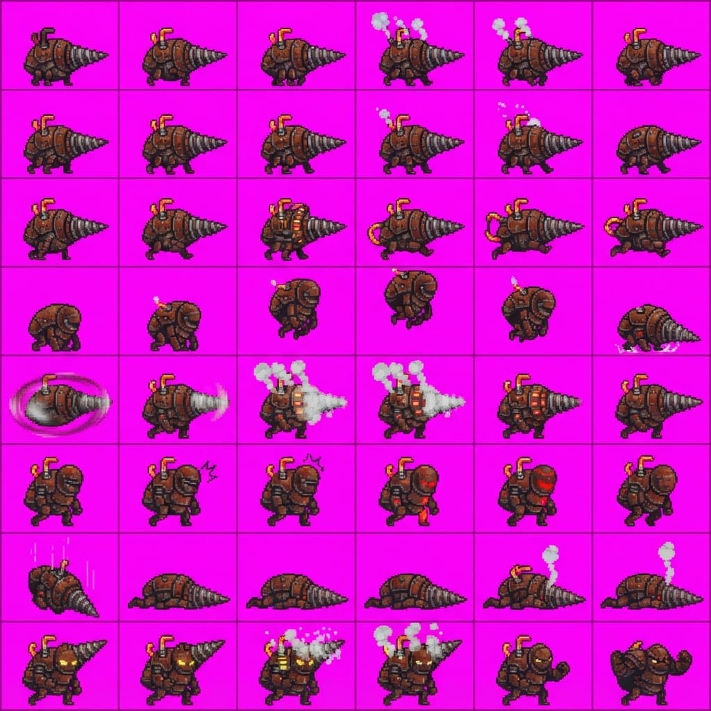 Image: Game sprite sheet atlas STRICT: 8 rows by 6 column
