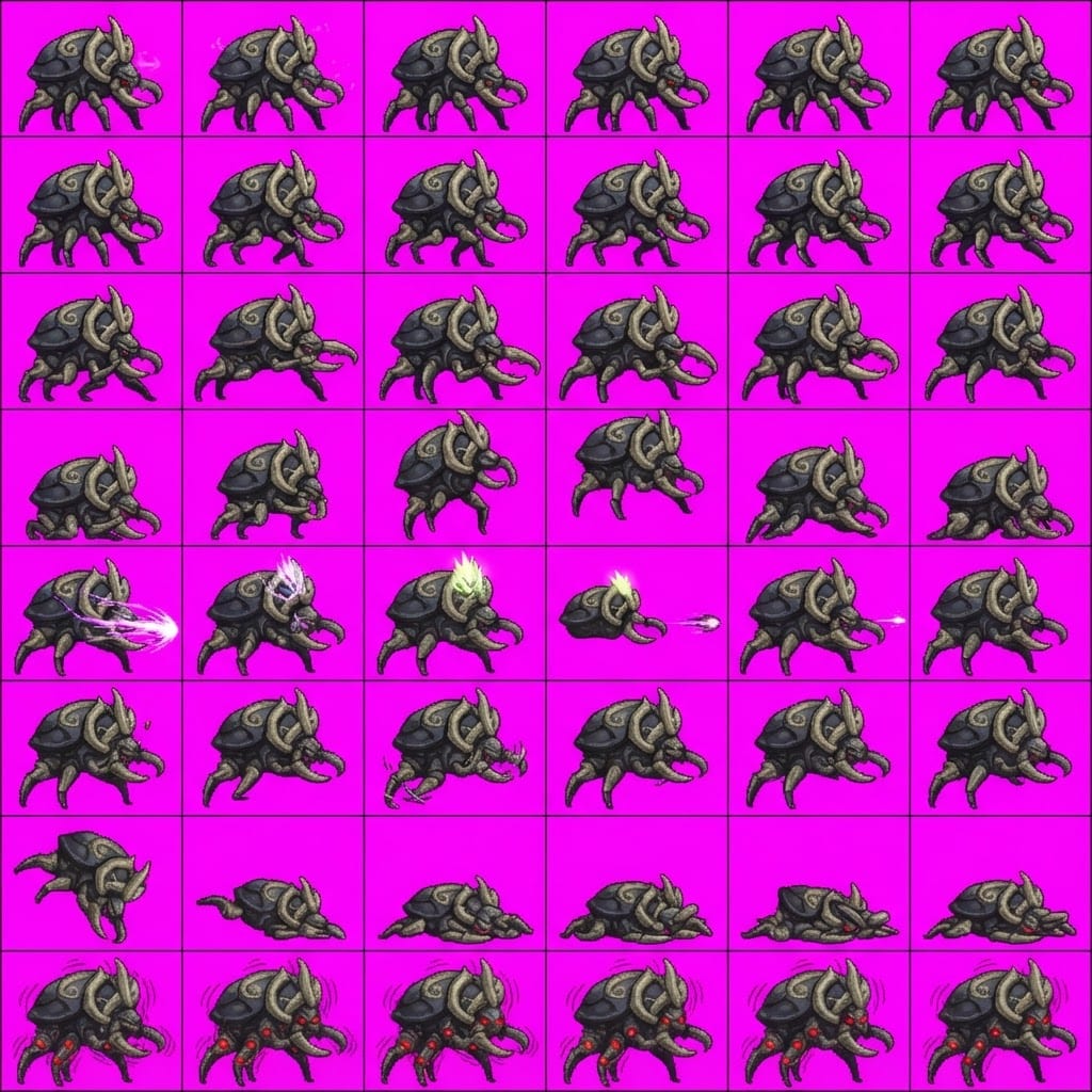 Image: STRICT game sprite animation atlas: EXACTLY 8 rows