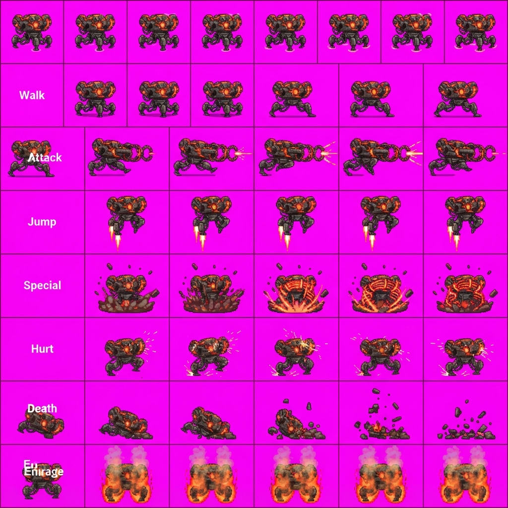 Image: STRICT game sprite animation atlas: EXACTLY 8 rows
