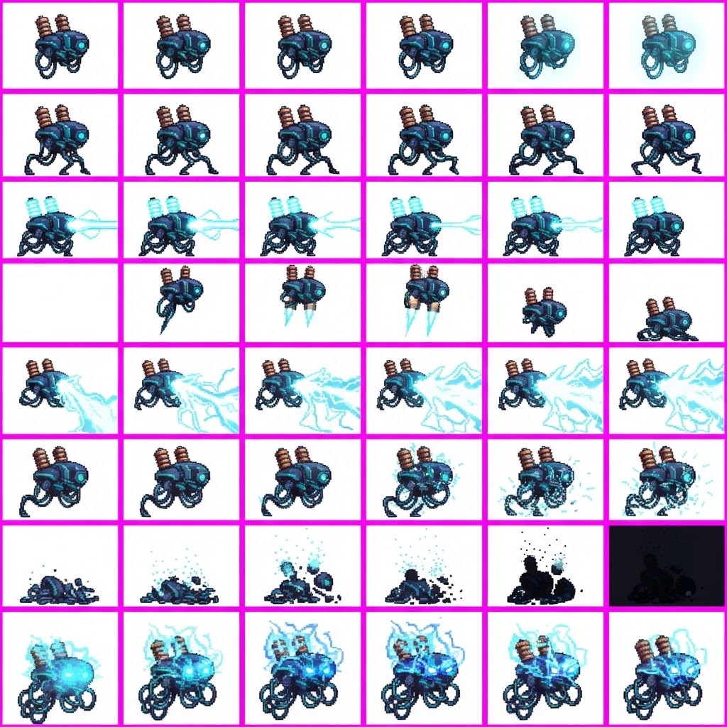 Image: STRICT game sprite animation atlas: EXACTLY 8 rows
