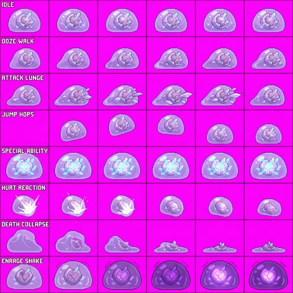 Image: STRICT game sprite animation atlas: EXACTLY 8 rows