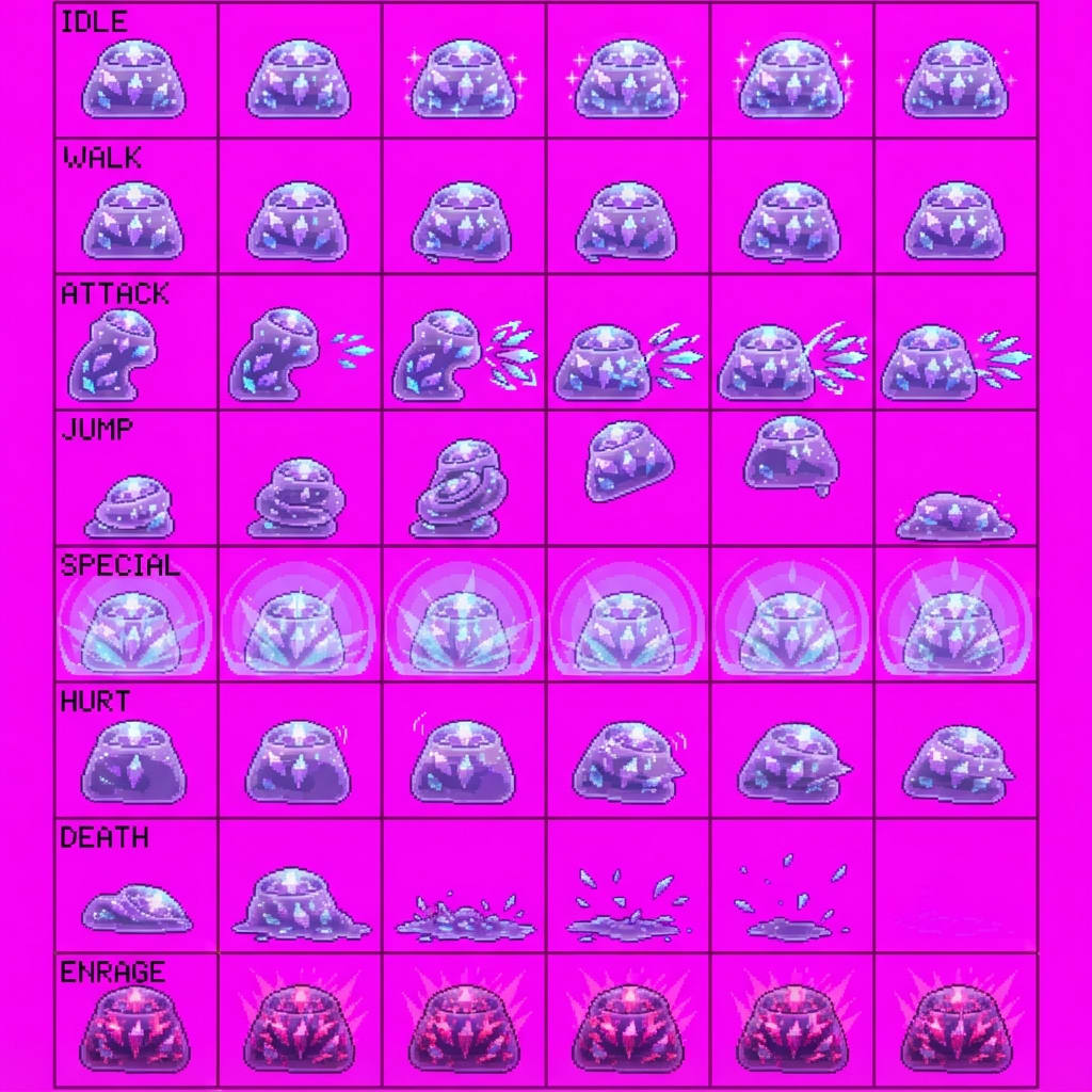 Image: STRICT game sprite animation atlas: EXACTLY 8 rows