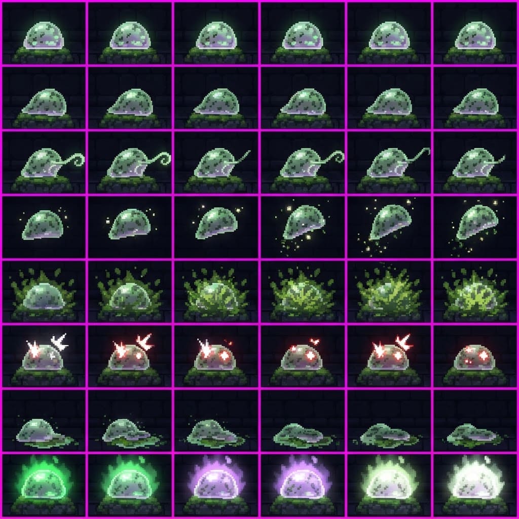 Image: STRICT game sprite animation atlas: EXACTLY 8 rows