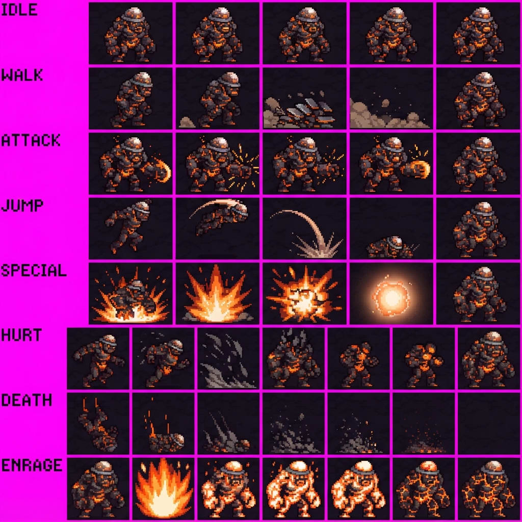 Image: STRICT sprite atlas EXACTLY 8 rows x 6 columns (48