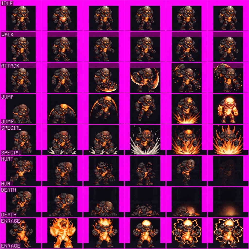Image: STRICT sprite atlas EXACTLY 8 rows x 6 columns (48