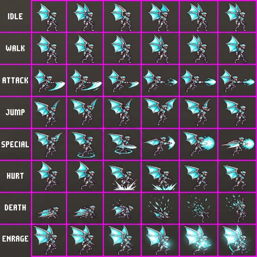 Image: STRICT sprite atlas EXACTLY 8x6 (48 equal cells).