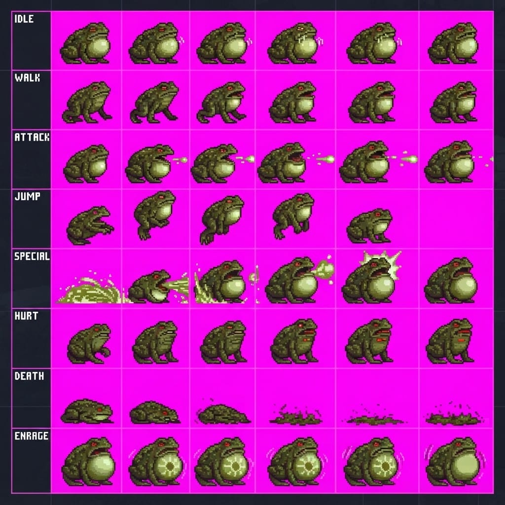 Image: STRICT sprite atlas EXACTLY 8x6 (48 equal cells).