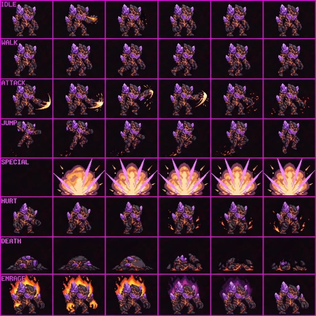 Image: STRICT sprite atlas EXACTLY 8x6 (48 equal cells). 